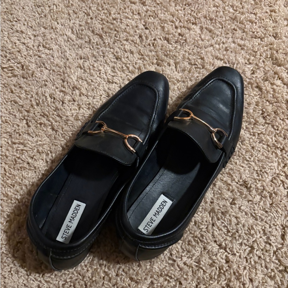 Steve Madden Black Leather Loafers with Gold Accent